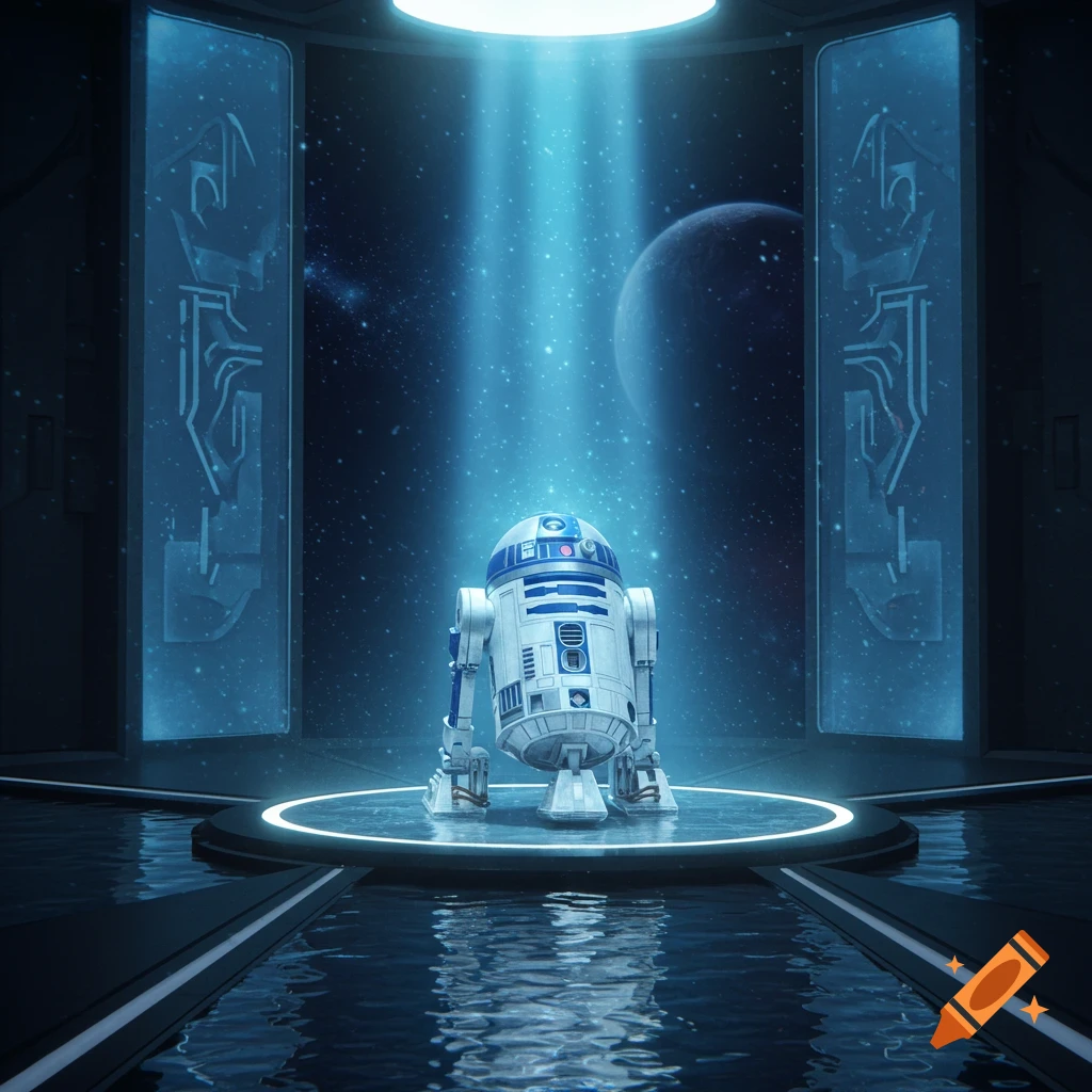 R2D2 stands on a platform surrounded by water in a futuristic room, bathed in a bright blue light beam from above, with a distant planet and stars in the background.