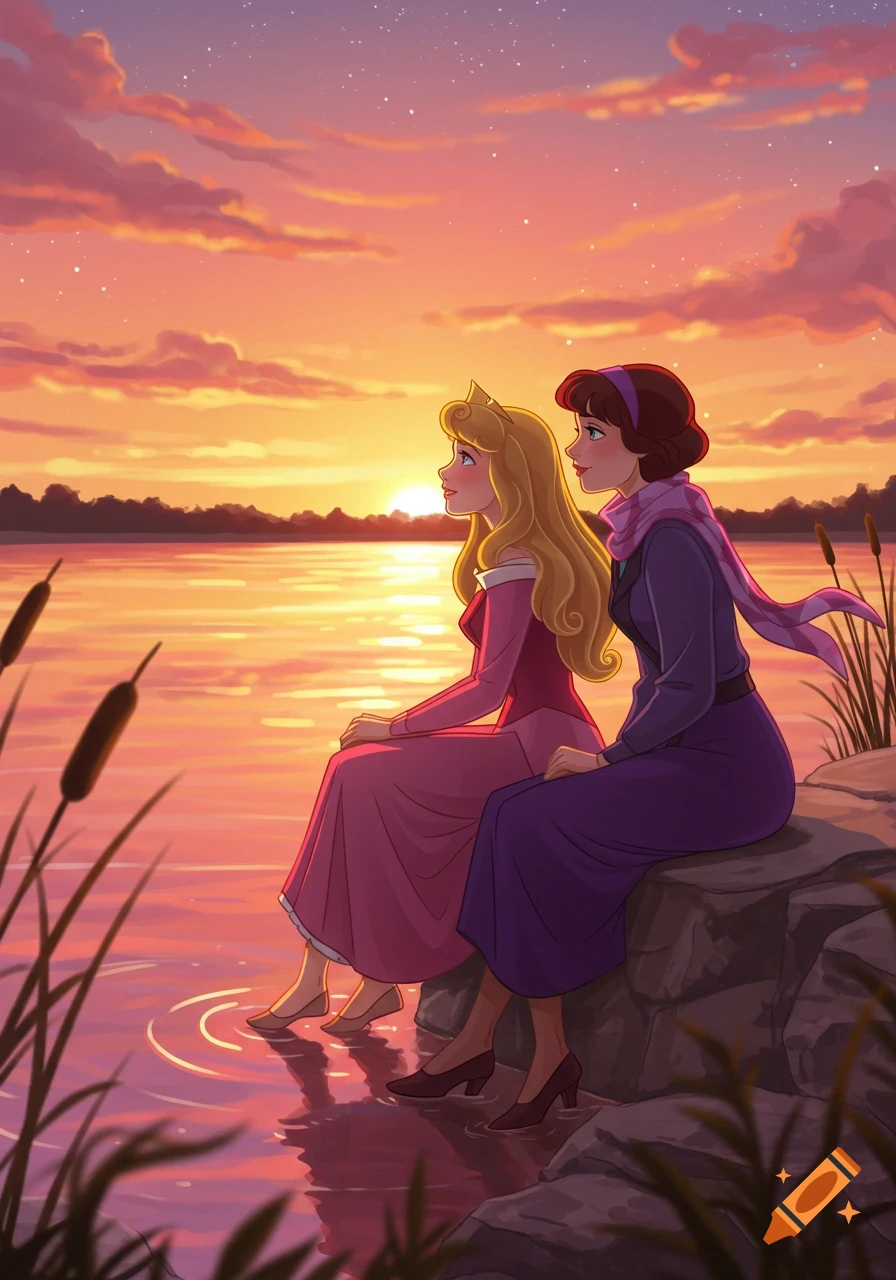 Princess Aurora and Daphne Blake sit on a rock by a tranquil lake at sunset in 2D digital art.