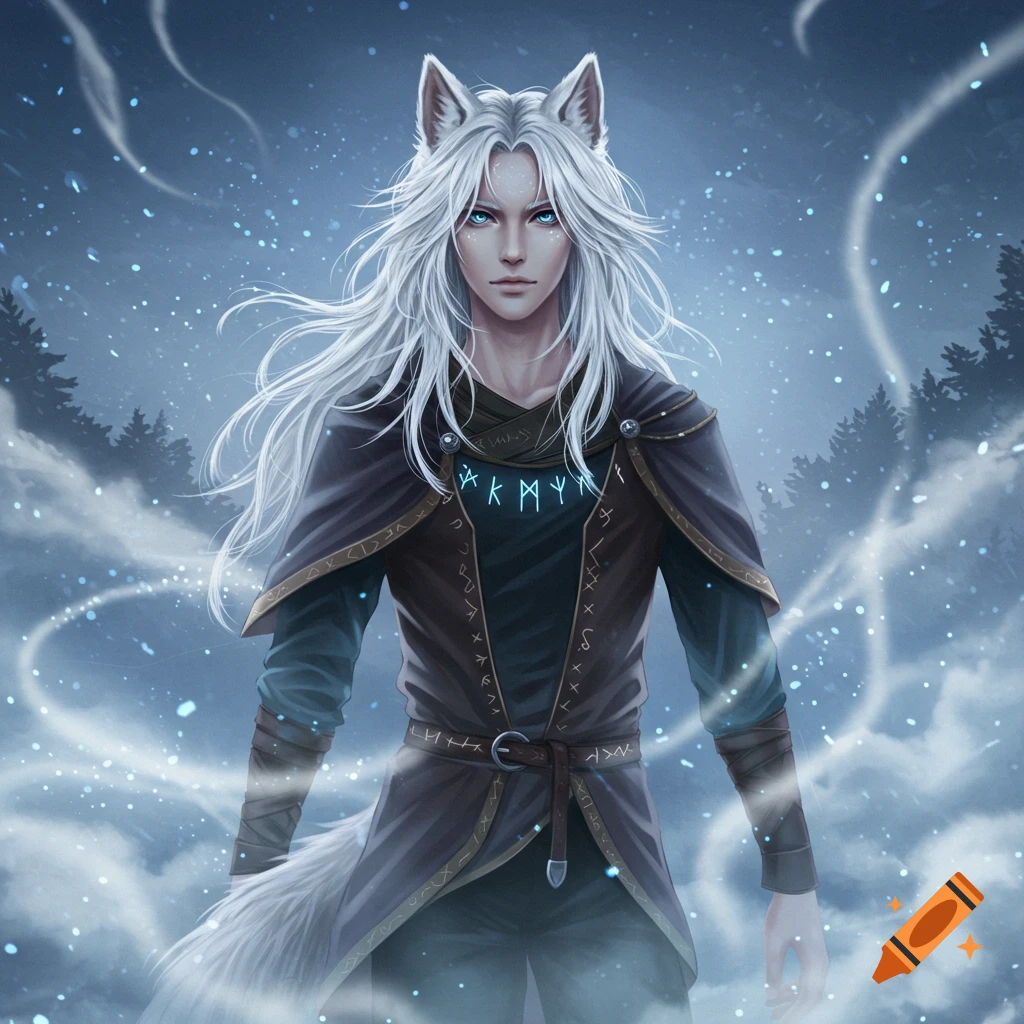 Anime fantasy illustration of a handsome wolf boy with long white hair, blue eyes, and a white wolf tail, in a snowy forest.