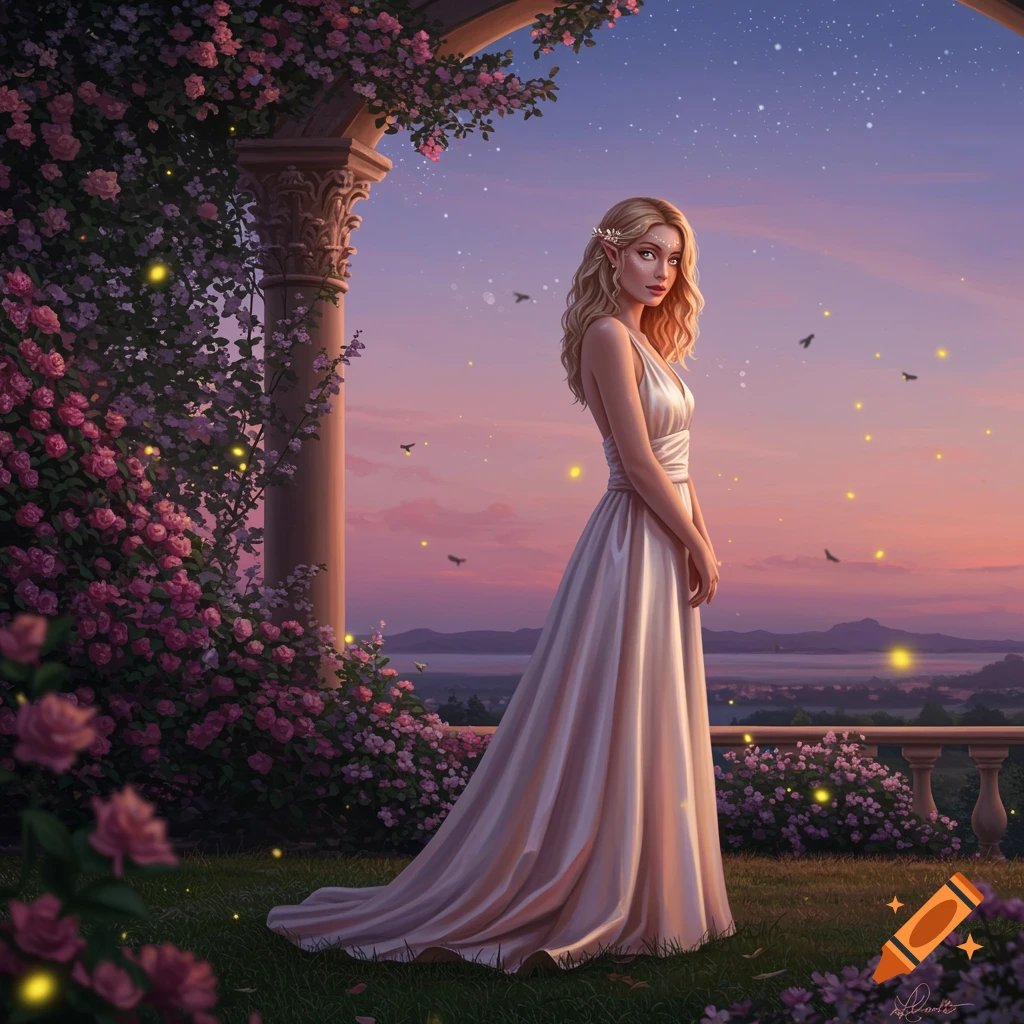 A beautiful woman with blonde hair and elf ears in a white gown stands in a rose garden at sunset, surrounded by glowing fireflies.