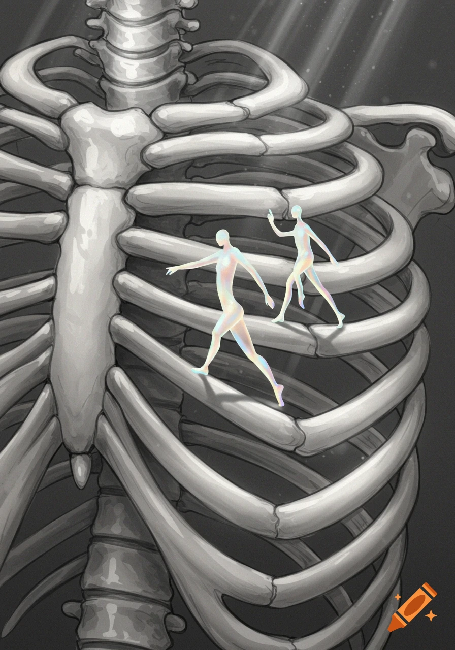 An illustration of a human rib cage with two small, iridescent, human-like figures walking across the ribs, bathed in light rays.