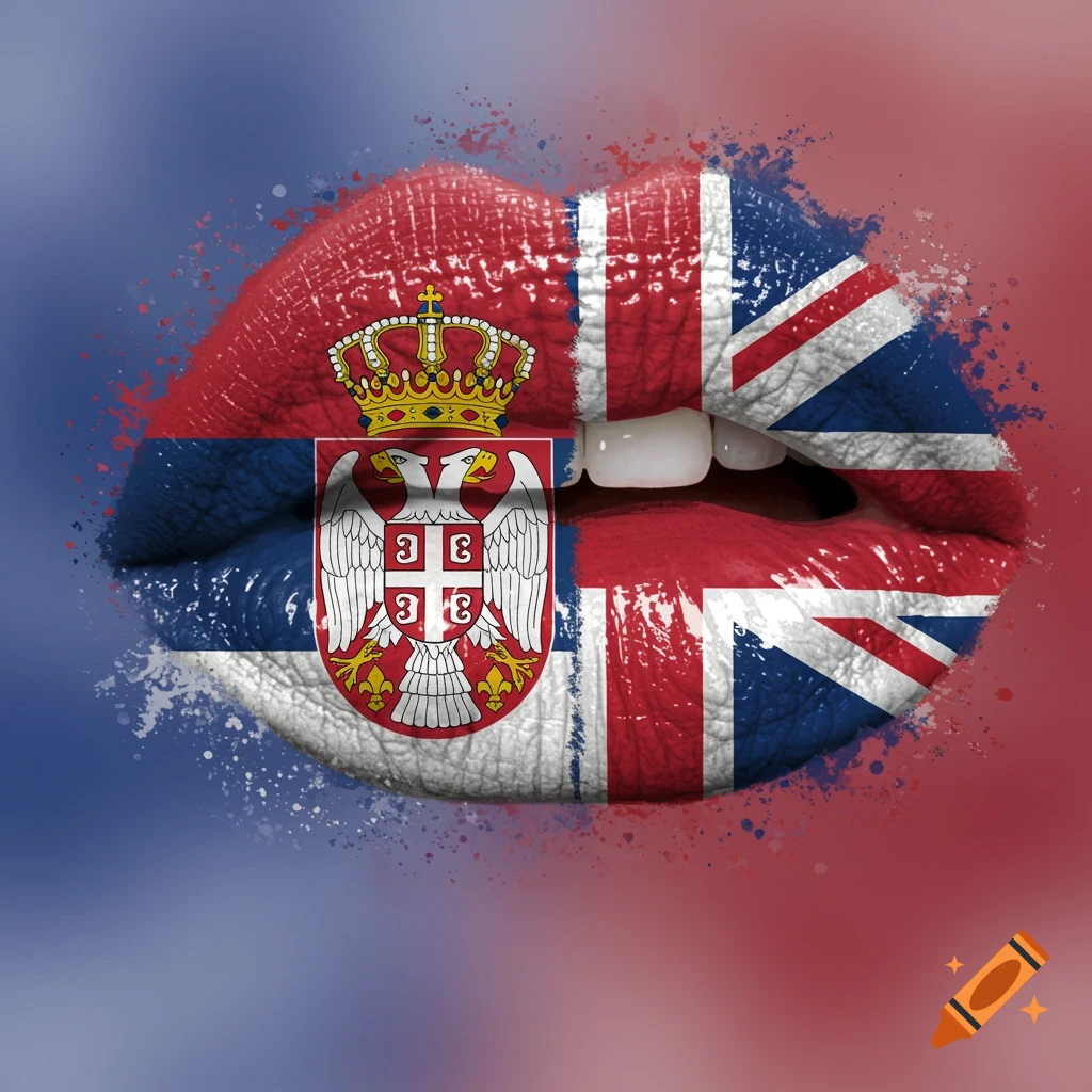 Lips painted with the Serbian flag on the left and the British Union Jack on the right, with a splattered paint effect.