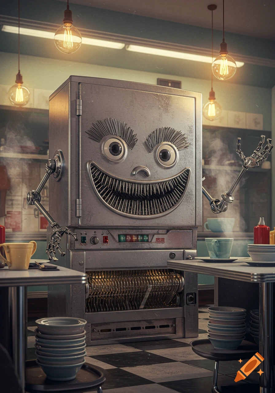 A menacing, anthropomorphic metal dishwasher robot with a wide, toothy grin in a retro diner.