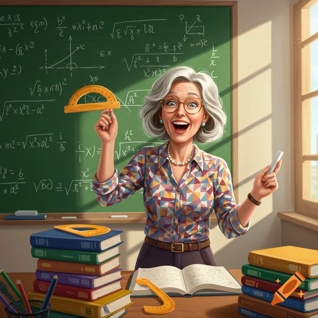 A vibrant cartoon-style illustration of an enthusiastic female math teacher with gray hair and glasses, holding a protractor and chalk in a classroom with a chalkboard full of equations.