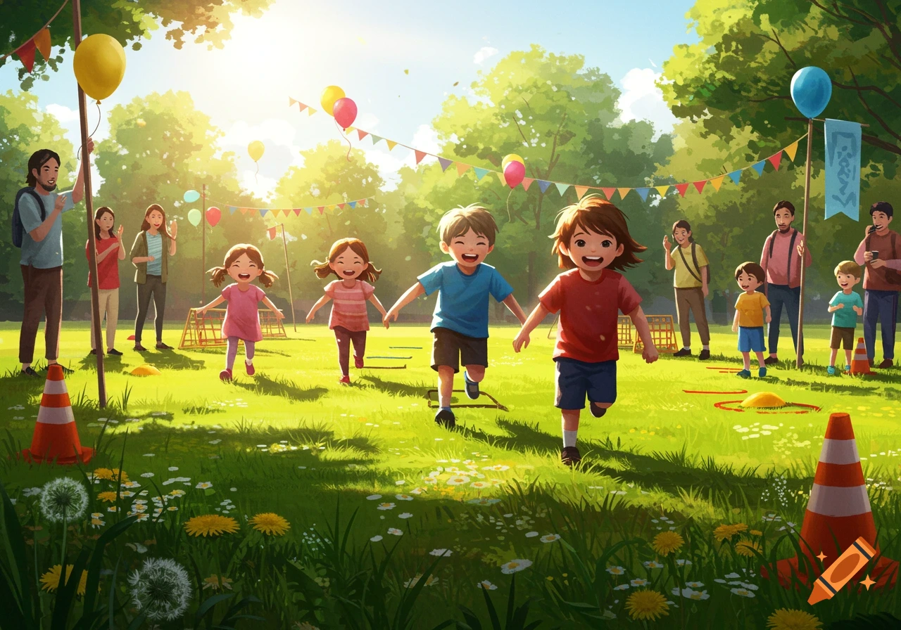 Happy children running a race on a sunny field day in a park with adults watching and balloons.