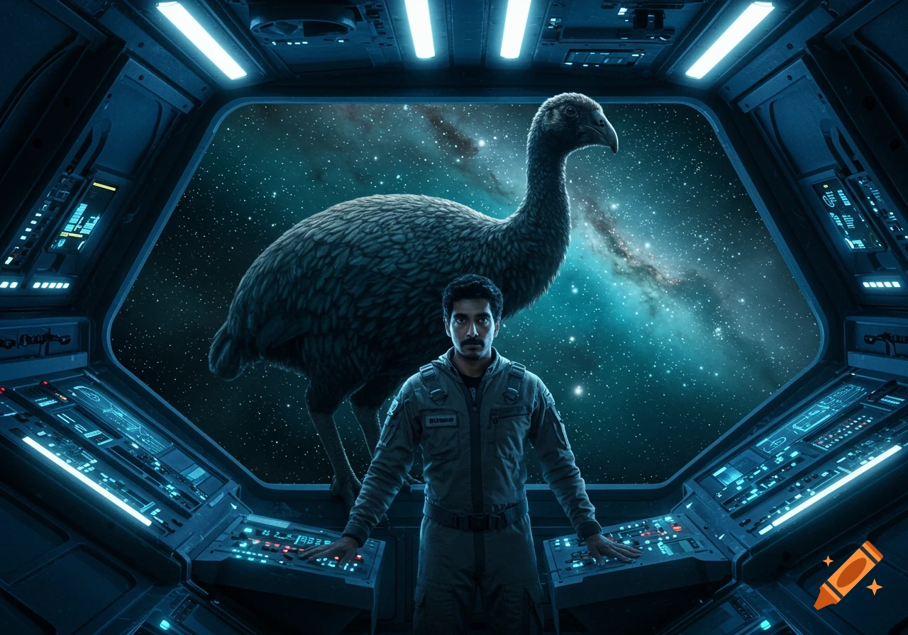 A photorealistic image of a man in a spacesuit and a large moa bird inside a spaceship cockpit, with a galaxy visible through the window.