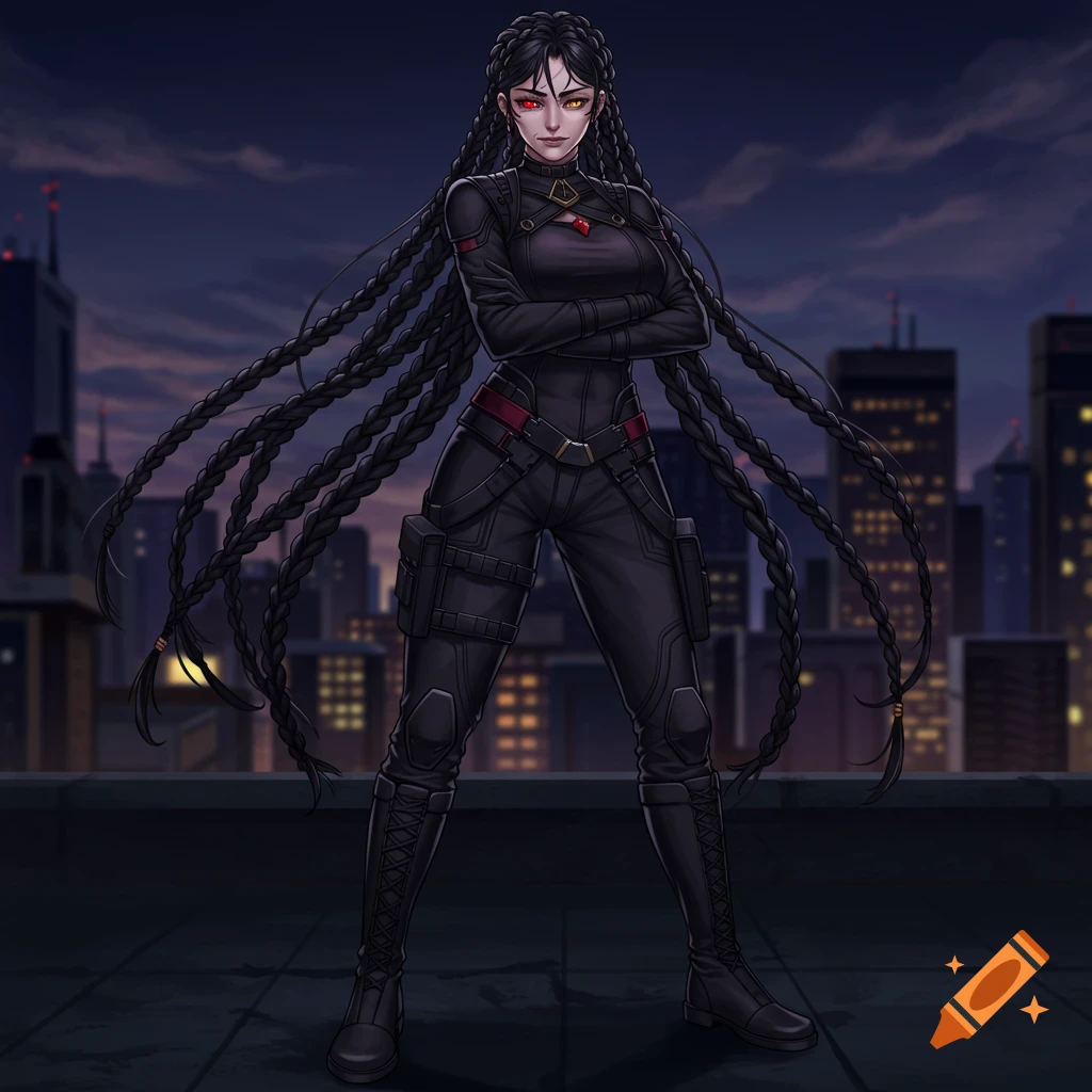 Full body anime girl with long black braids and heterochromia, wearing a black tactical suit on a city rooftop at night.