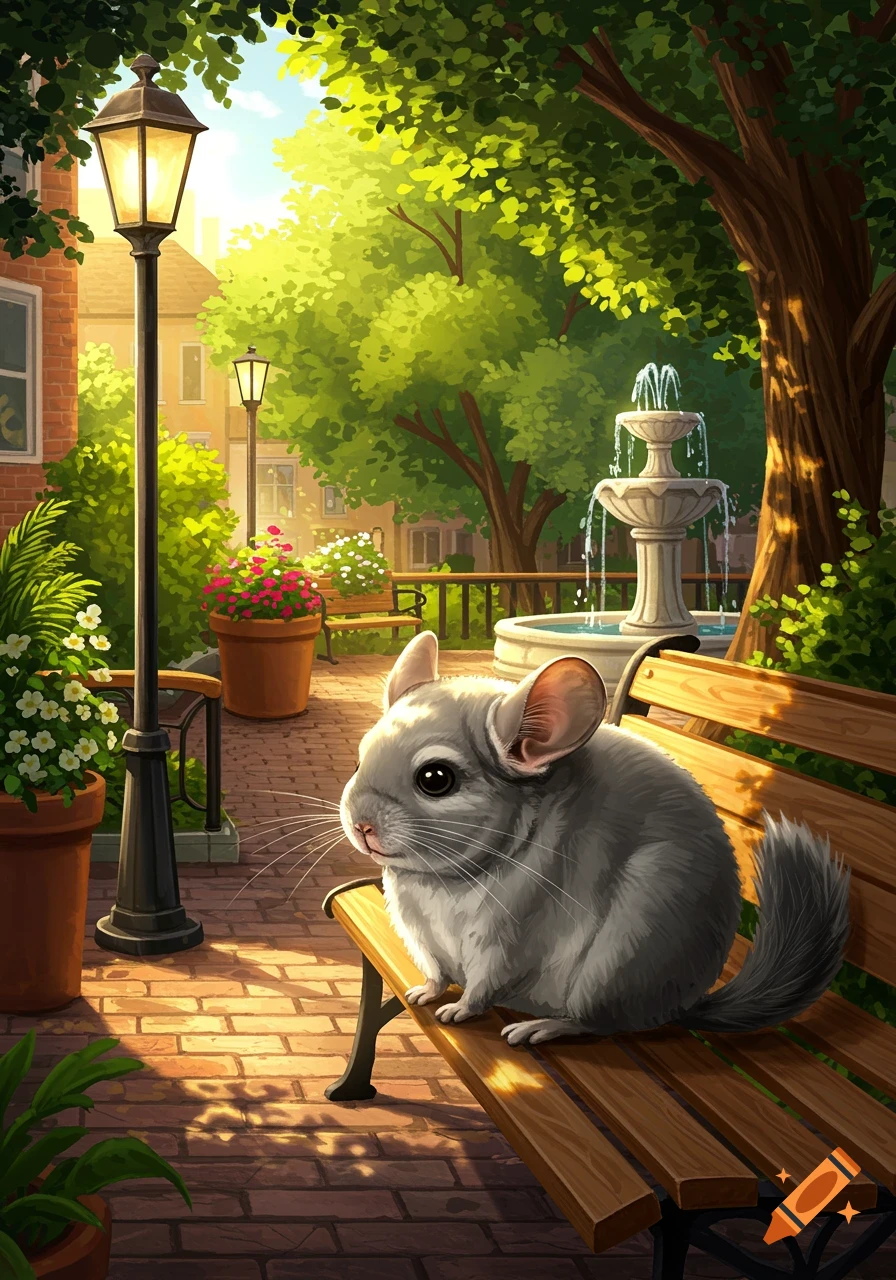 An illustrated chinchilla sits on a wooden park bench in a sunny park with trees, lampposts, and a fountain.