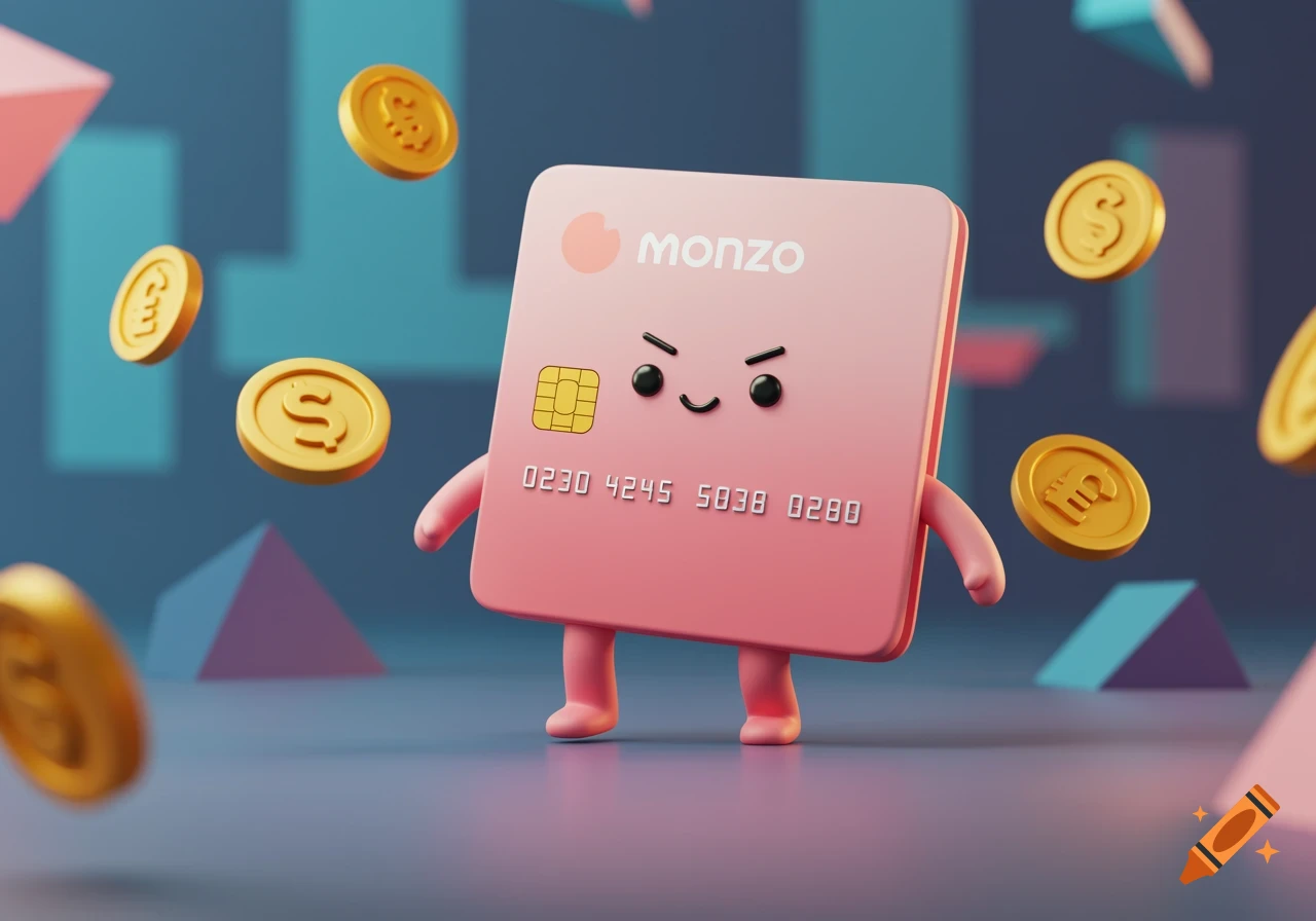 A pink animated Monzo bank card with a face and legs stands among floating gold coins and geometric shapes.