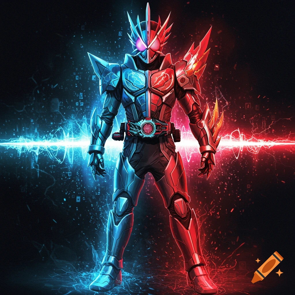 A superhero character in half red, half blue armor with glowing energy, standing against a dark background.