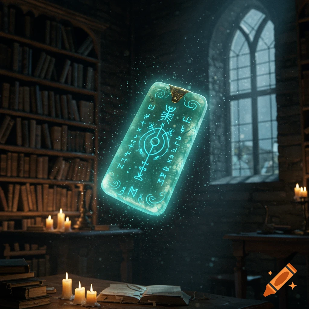 A glowing green magical talisman floats in a dimly lit, ancient library with bookshelves and candles.
