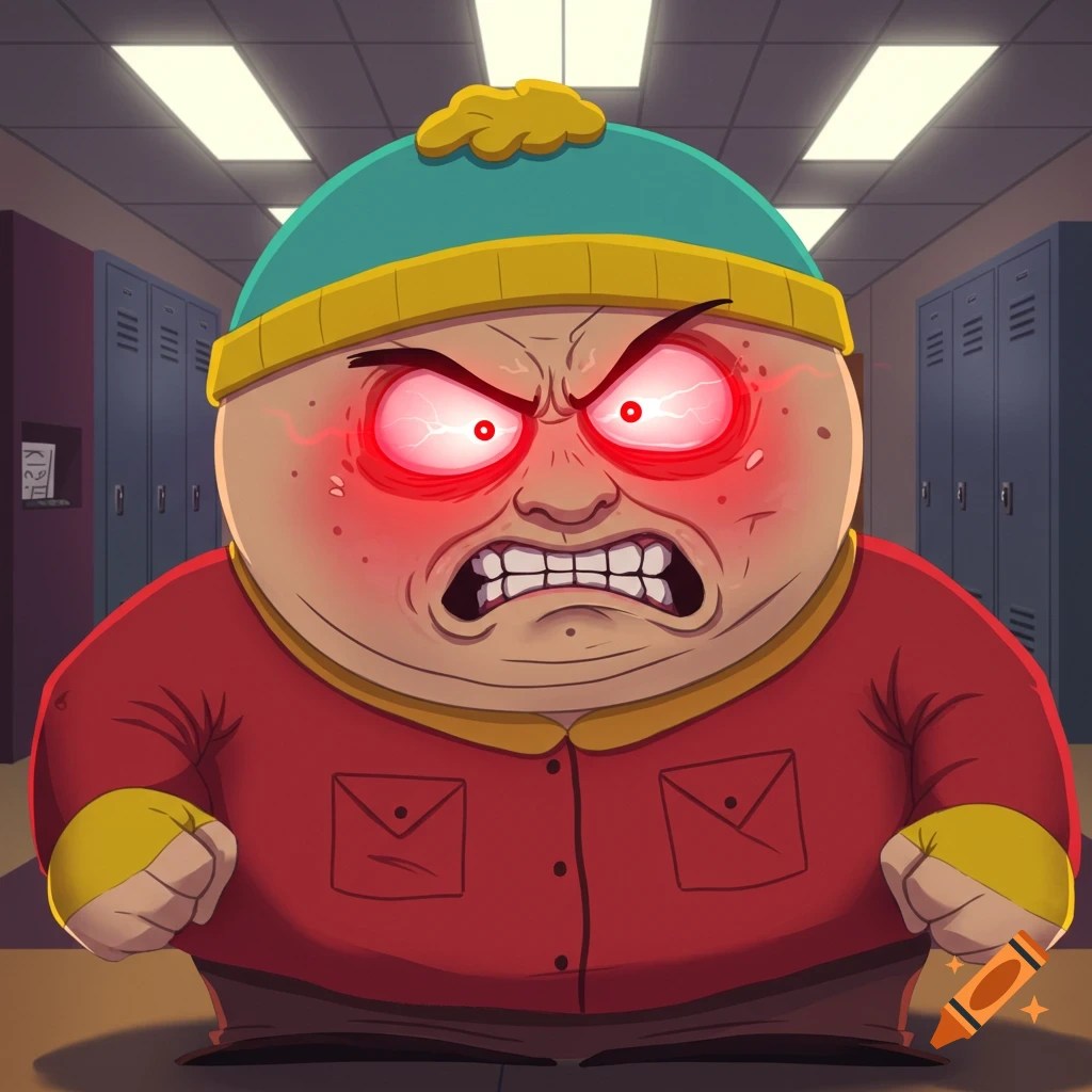 Angry Cartman from South Park with glowing red eyes in a school hallway.