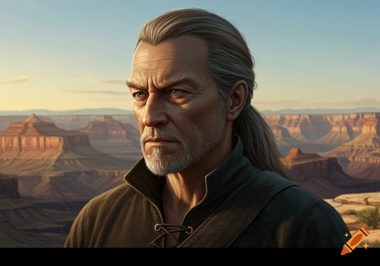 Photorealistic portrait of a serious older man with long grey hair and beard, overlooking a vast canyon landscape at sunset.