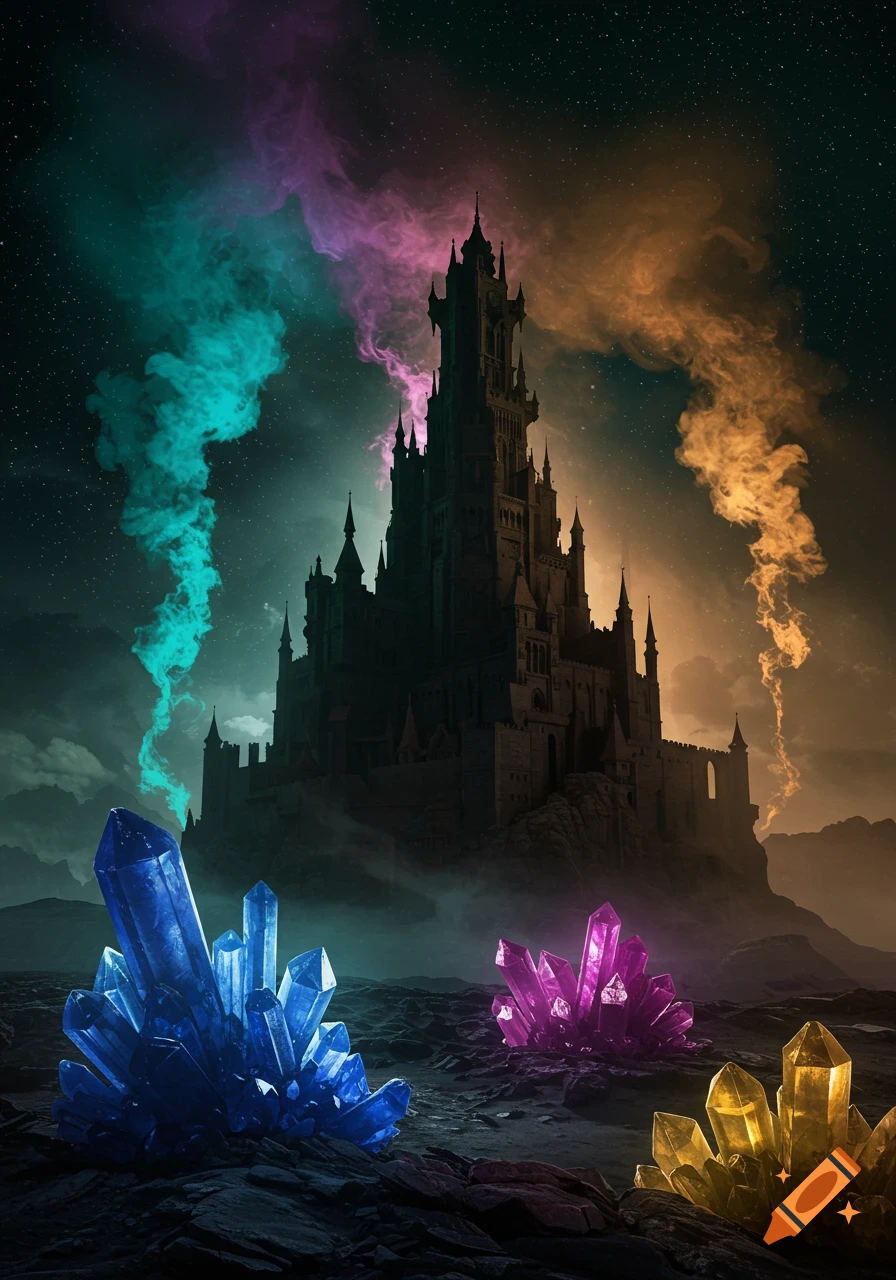 A towering dark castle on a rocky alien planet under a starry sky with swirling colorful smoke and vibrant glowing crystals in the foreground.