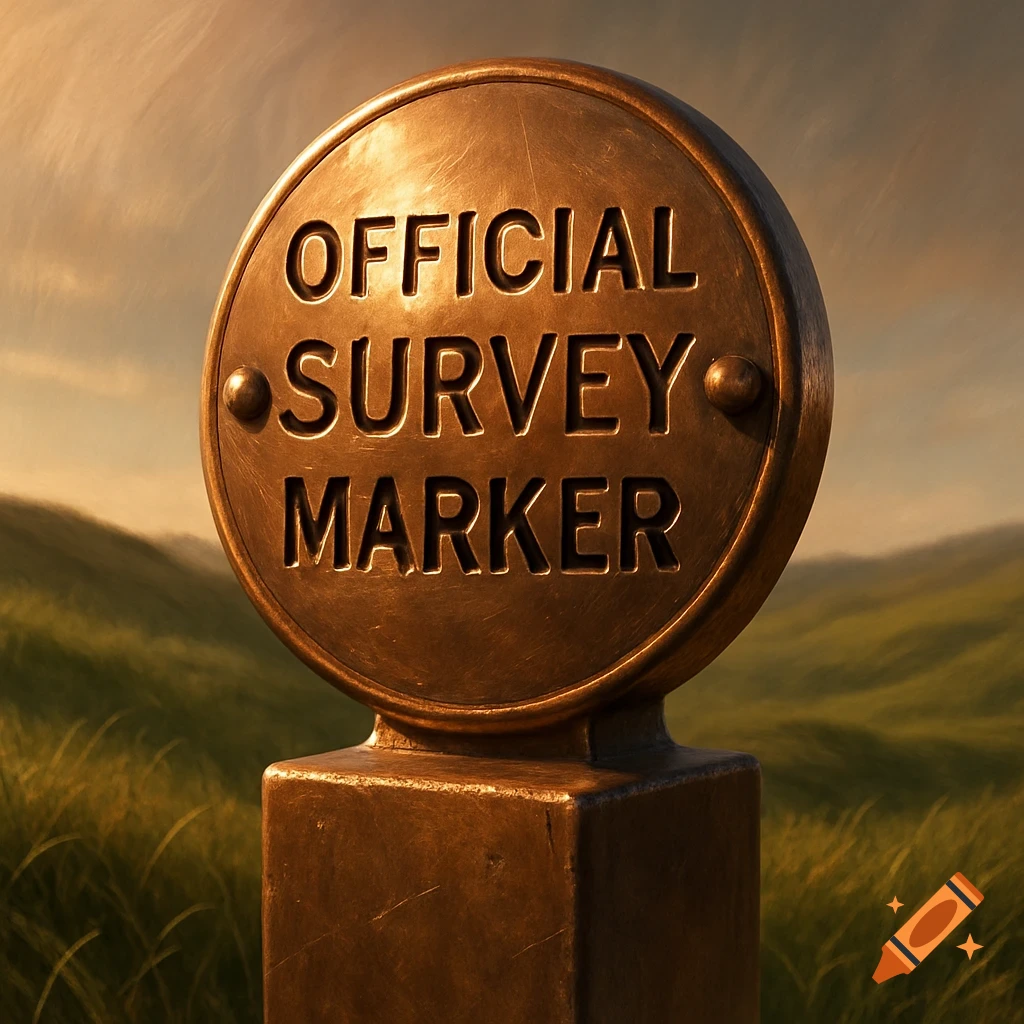 A brass land survey marker with 'OFFICIAL SURVEY MARKER' engraved, set in a grassy field under a warm sky.