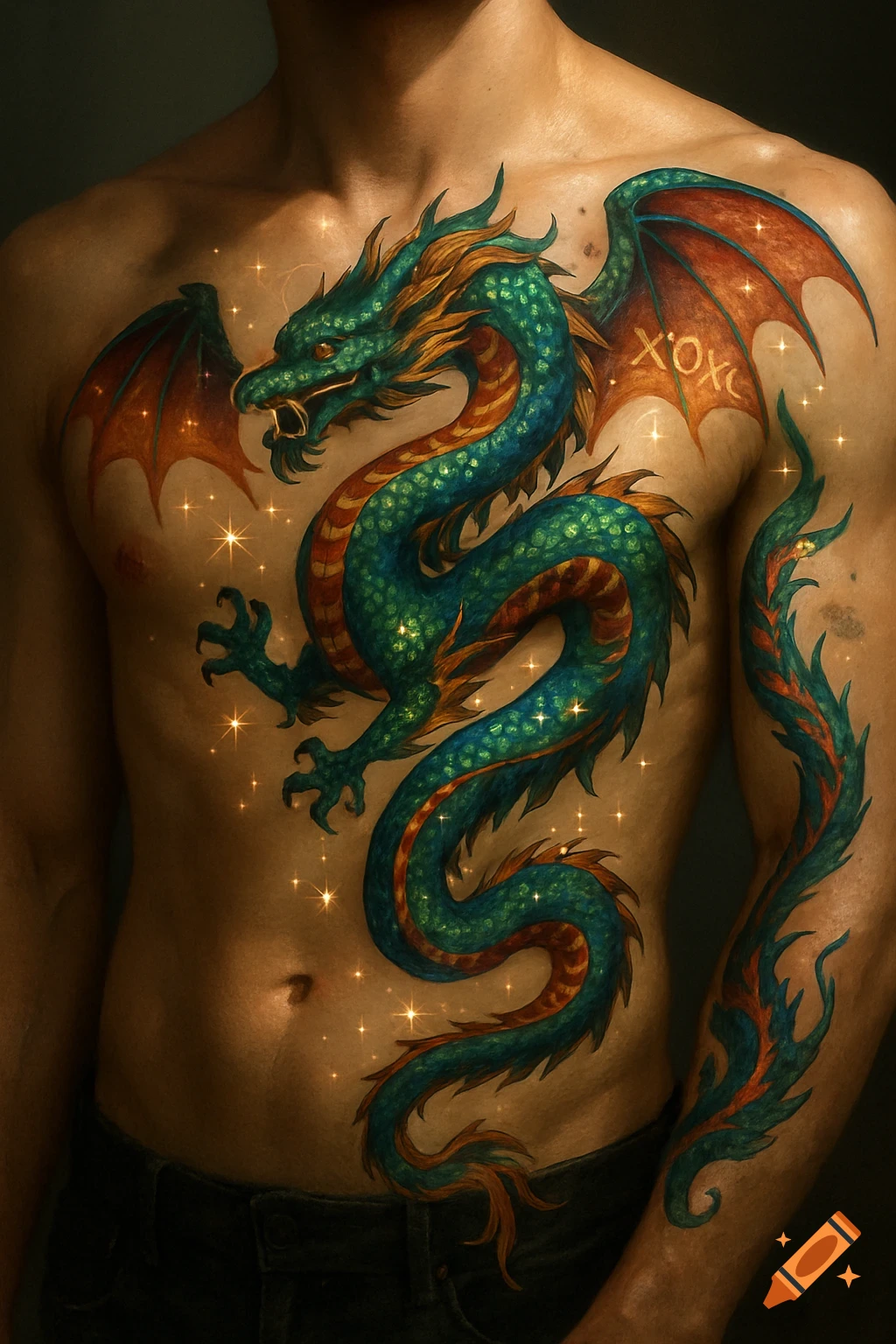 A colorful green and orange dragon tattoo covers a man's chest and arm, surrounded by glittering sparkles. 'XOXO' is on one wing.