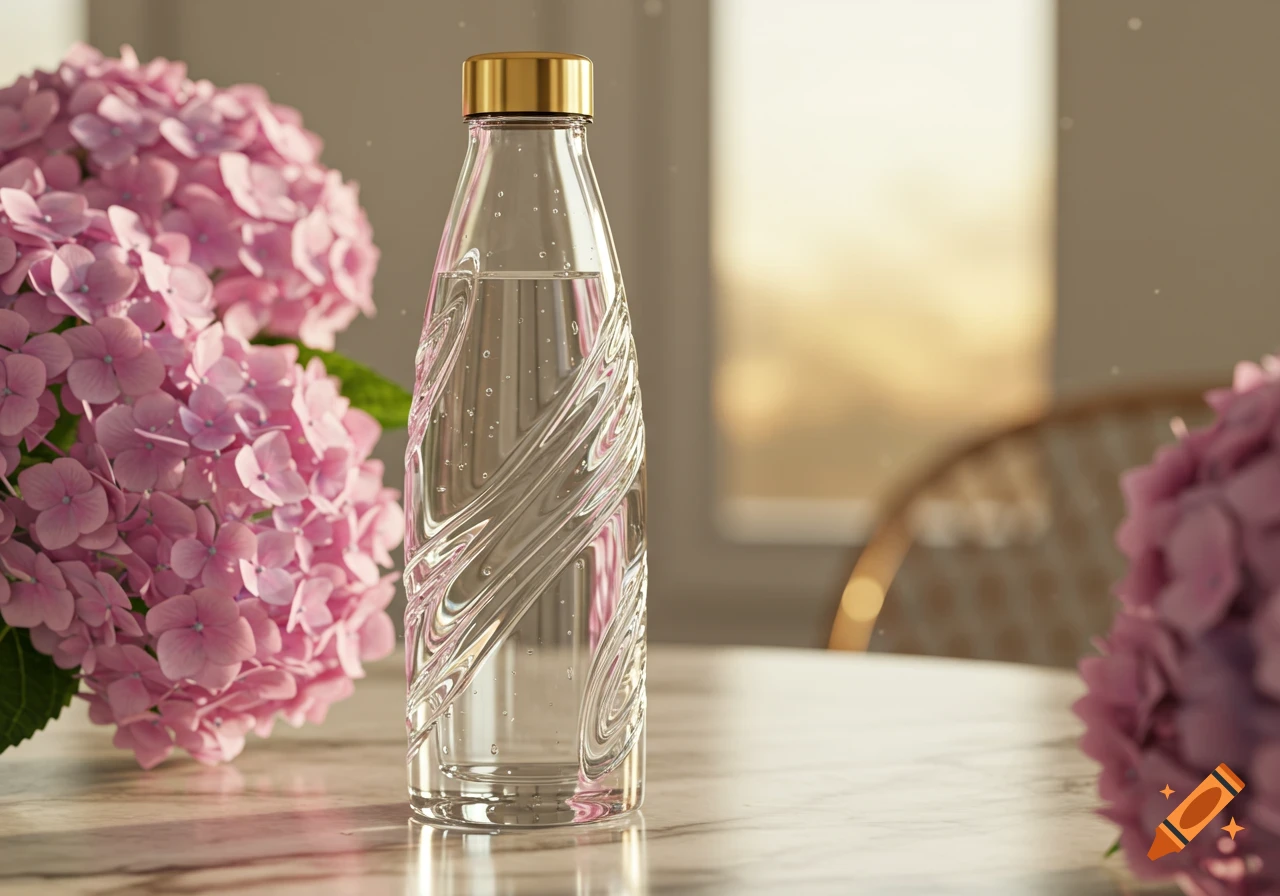 A clear glass water bottle with a gold cap sits on a marble table next to a vibrant pink hydrangea bouquet, bathed in warm sunlight.
