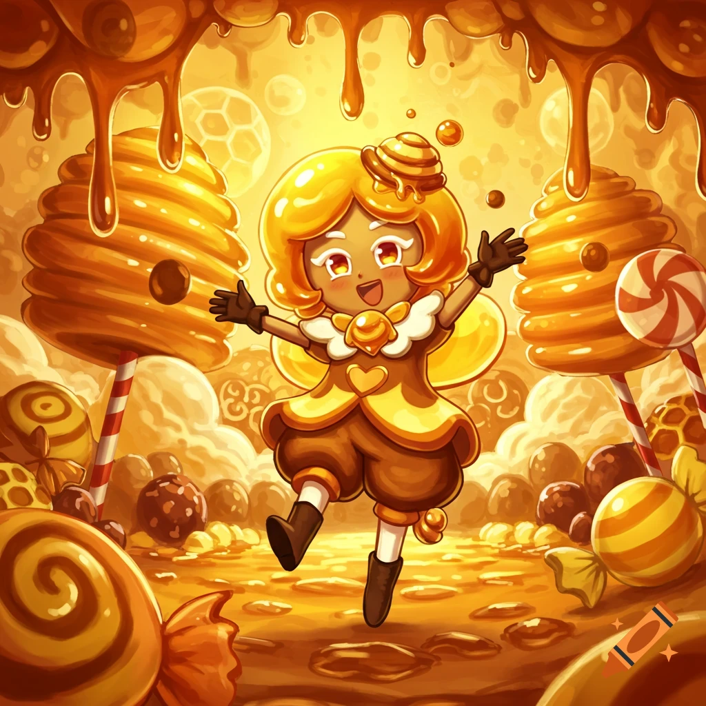 A cheerful honey-themed cartoon character in a vibrant golden world of dripping honey, giant honeycombs, and candies, anime style.