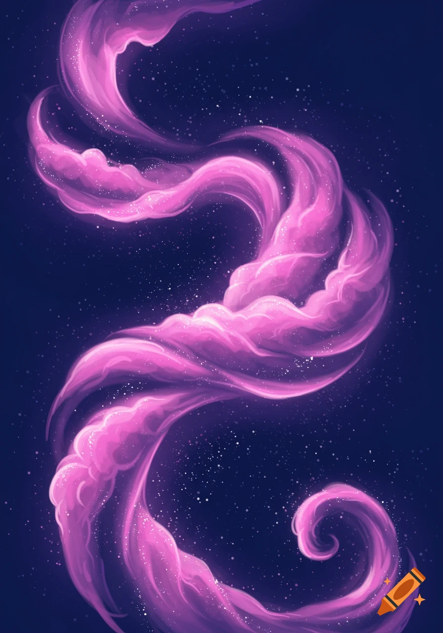 Abstract glowing pink and purple swirls against a dark, starry background.