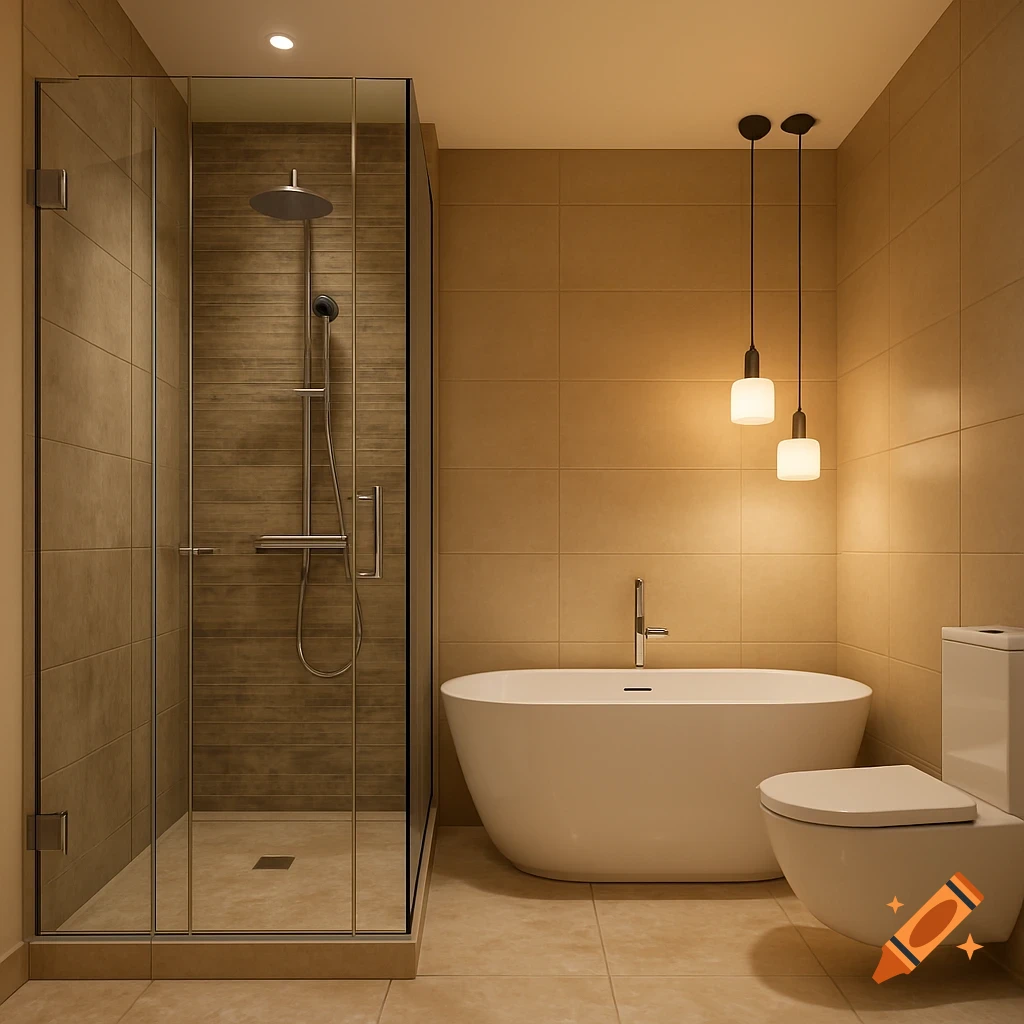 Modern bathroom with a glass shower, white freestanding tub, and toilet, featuring light brown tiled walls and floor.