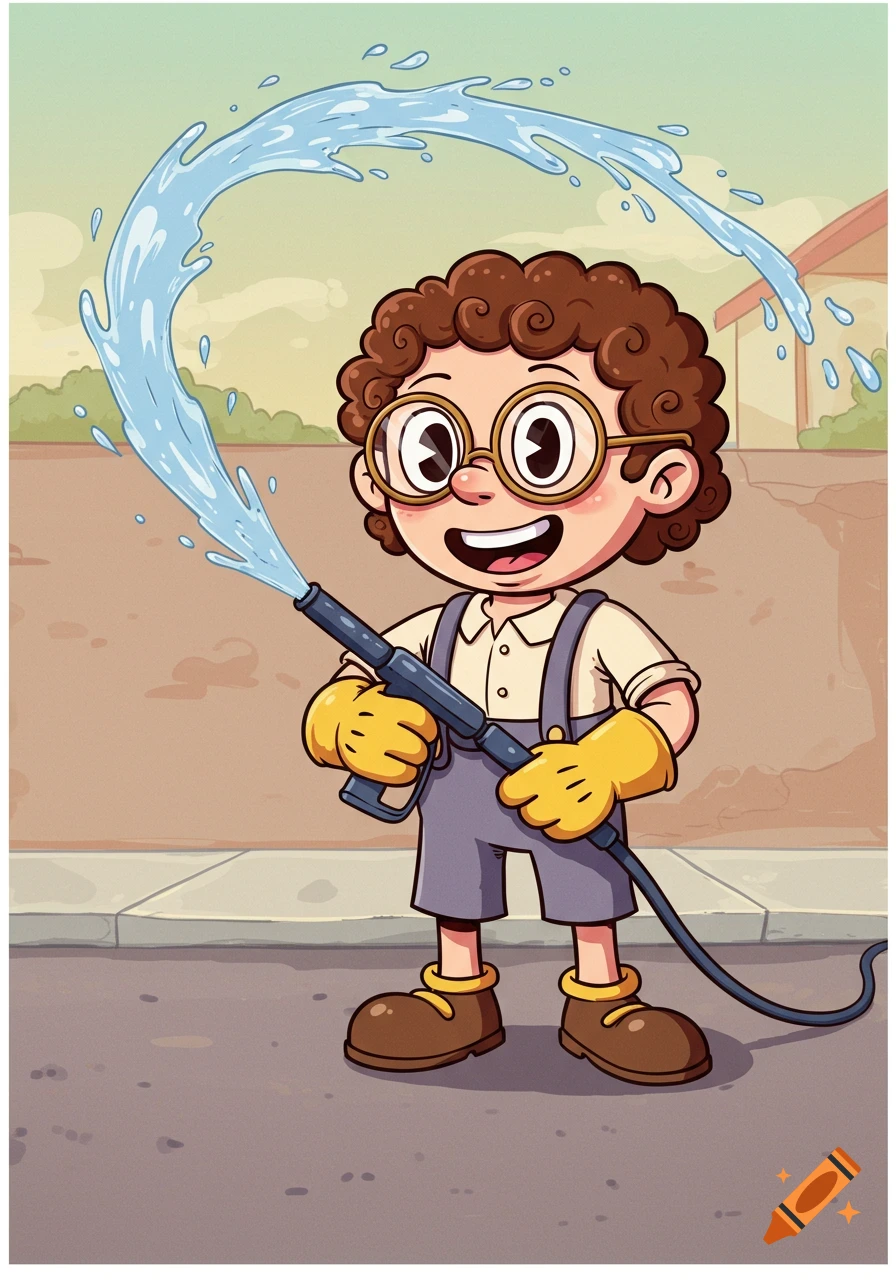A smiling cartoon boy with curly brown hair and glasses, wearing overalls and yellow gloves, spraying water from a pressure washer on a sidewalk.