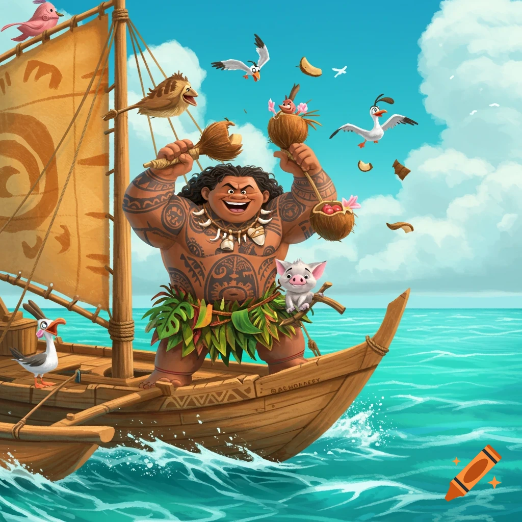 Cartoon of a joyful Maui on a wooden boat with Pua the pig and birds, shaking coconuts on a vibrant blue ocean.