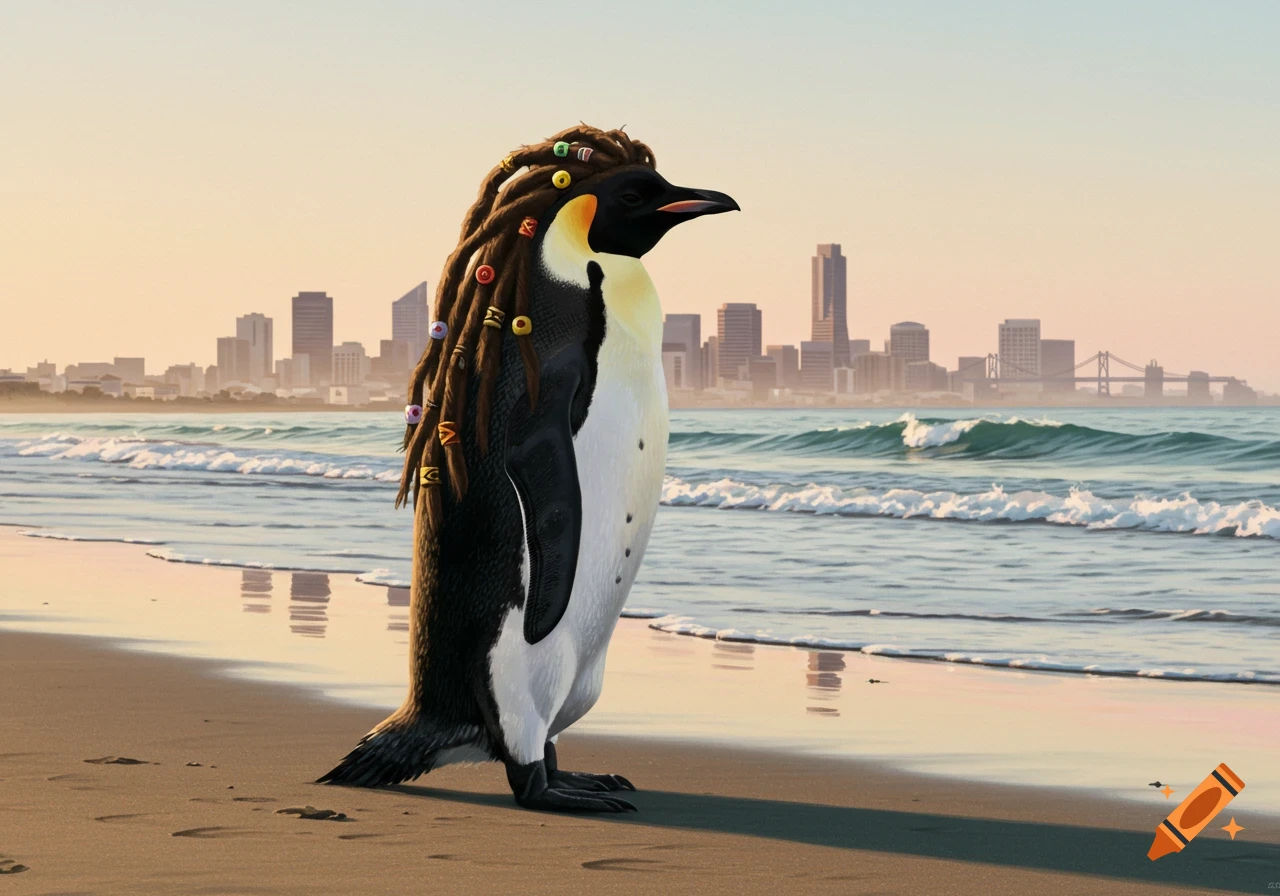 A photorealistic emperor penguin with dreadlocks stands on a sandy beach with ocean waves and a city skyline in the background.