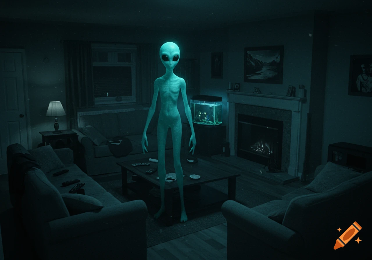 A tall, gaunt grey alien with large black eyes stands in the middle of a dimly lit living room at night.