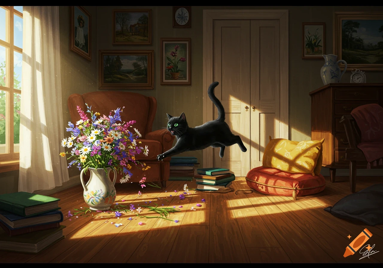 A black cat leaps, knocking over a vase of colorful flowers in a sunlit living room.
