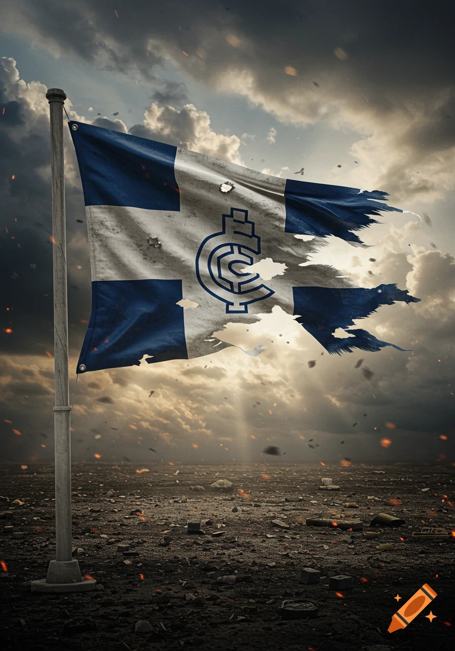 A tattered, bullet-ridden Carlton AFL football club flag with blue and white colors and the CFC logo, waving on a pole against a dramatic, stormy sky over a desolate, debris-strewn ground.