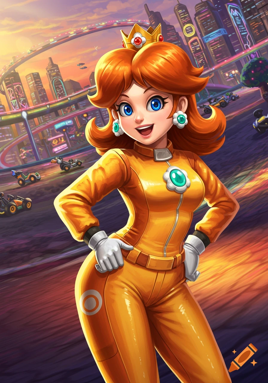 Princess Daisy in a bright orange racing suit stands on a futuristic Mario Kart racetrack at sunset.