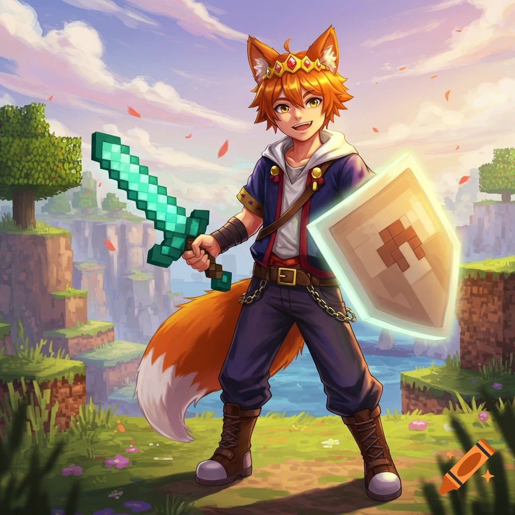An anime boy with fox ears and a crown holds a Minecraft diamond sword and shield in a blocky landscape.
