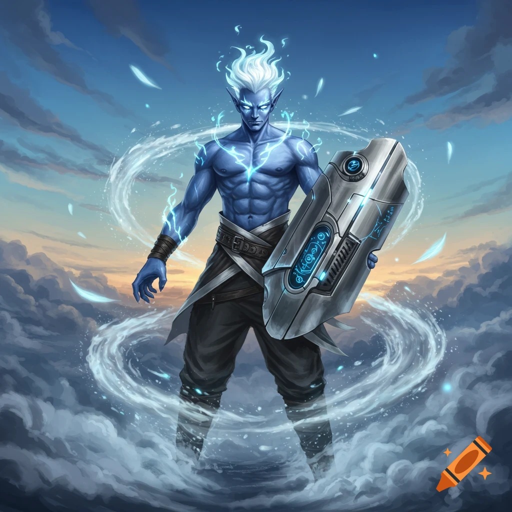 Blue-skinned male air genasi with white spiky hair and blue lightning, holding a metallic shield, stands in clouds against a sunset sky.