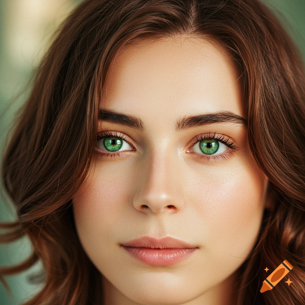 Close-up photorealistic portrait of a woman with light skin and striking green eyes.
