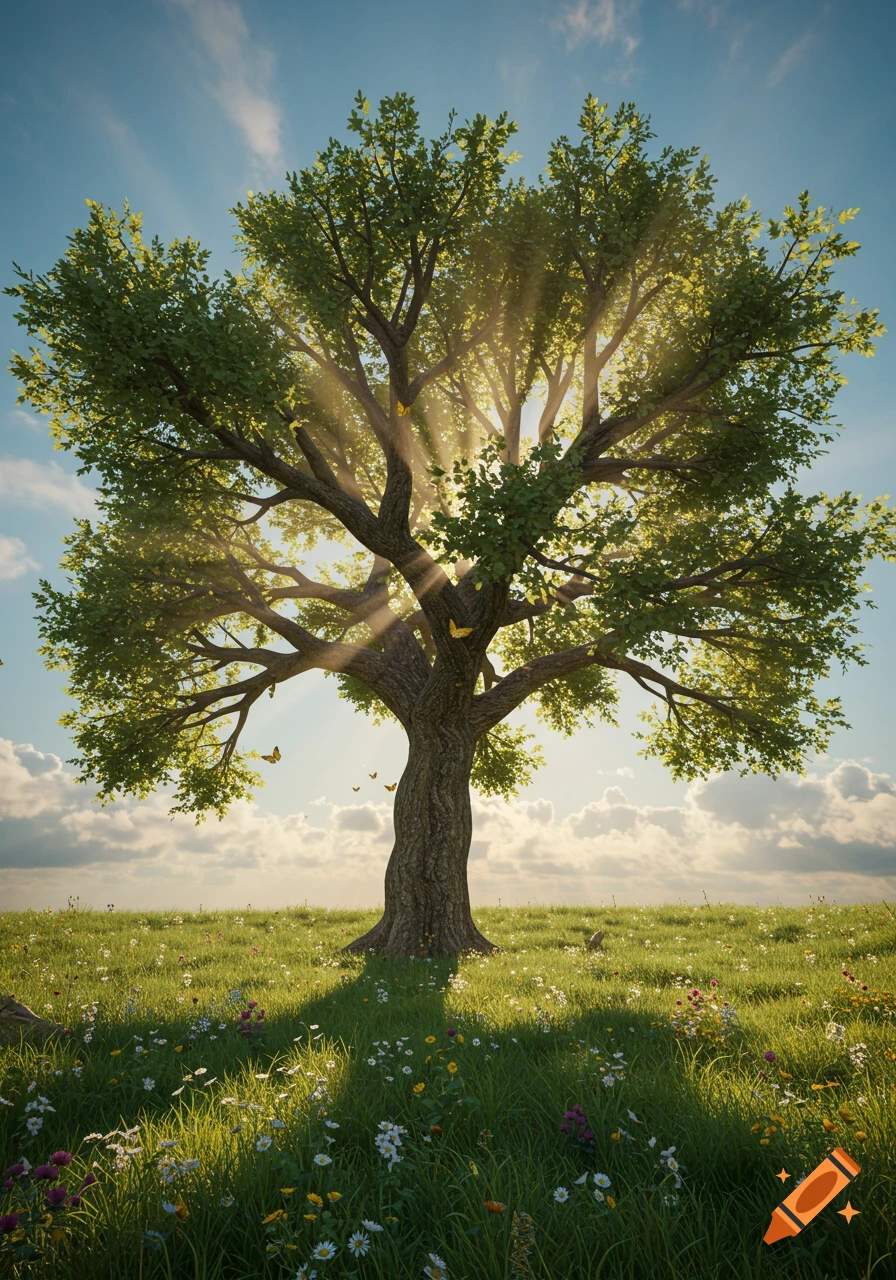 A majestic tree stands in a sunny field of wildflowers under a bright blue sky with scattered clouds.