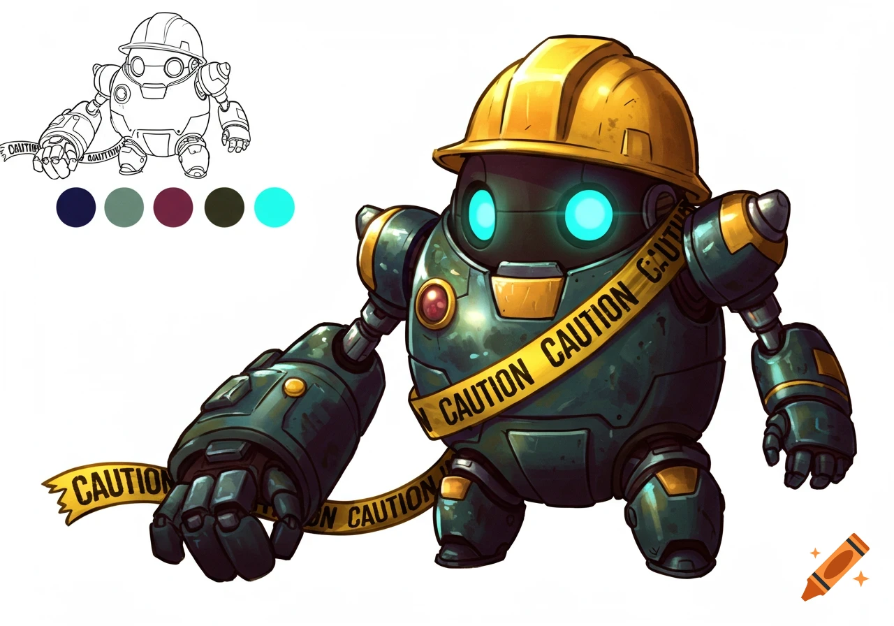 A cute, ball-shaped chibi robot wearing an oversized yellow construction hat and draped with yellow caution tape, on a white background, in an edgy, detailed illustration style.