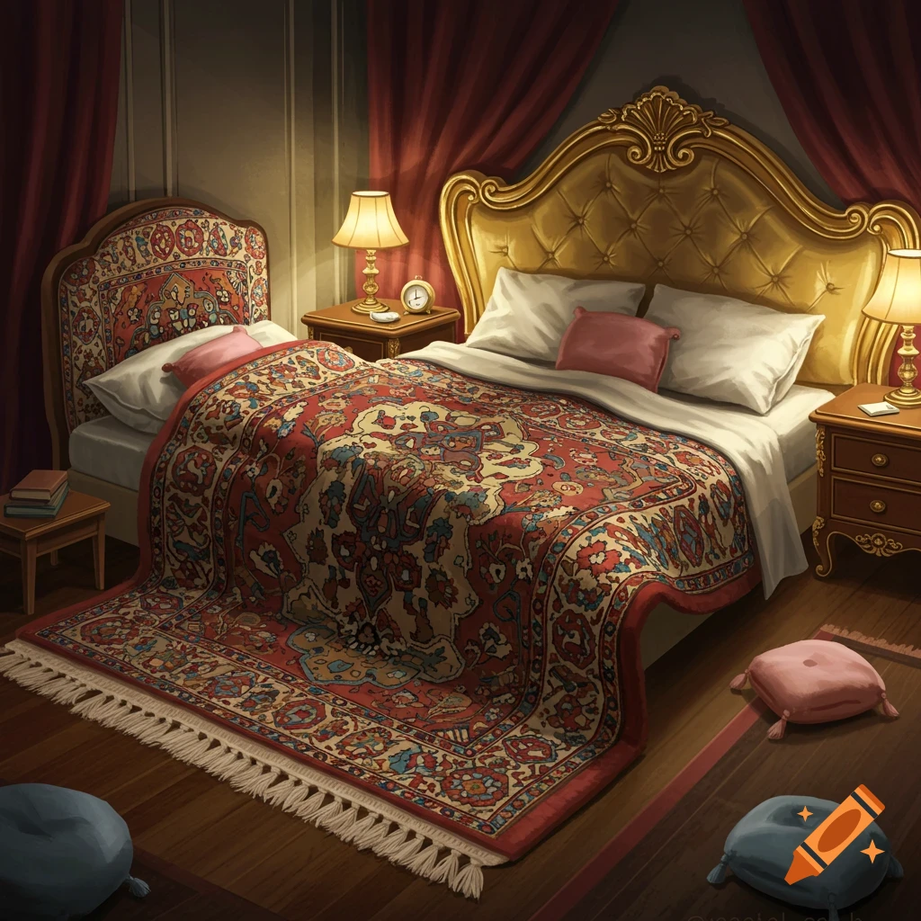 A lavish bedroom with a large golden bed and a small side bed where an ornate red rug is draped, appearing to 'sleep' in an illustrative style.