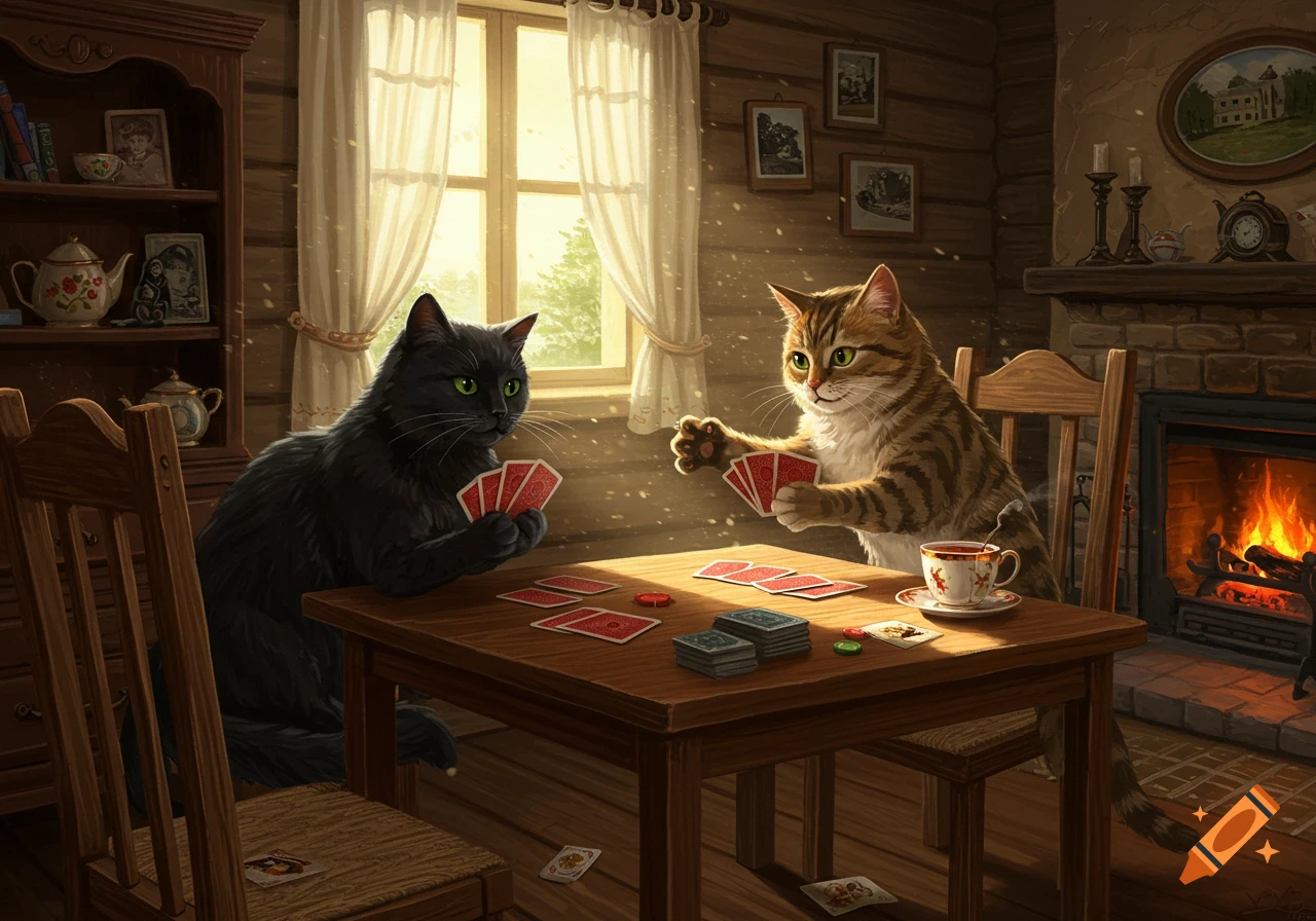 A black cat and a tabby cat sit at a wooden table playing cards in a cozy, sunlit room with a fireplace.