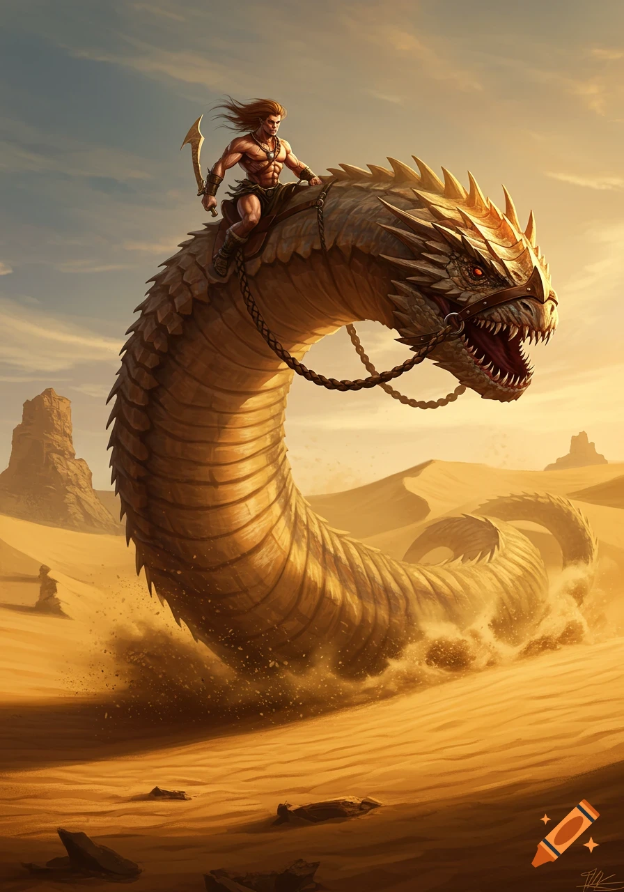 A barbarian wielding a scimitar rides a colossal, armored sandworm through a dusty desert at sunset, in an epic fantasy art style.
