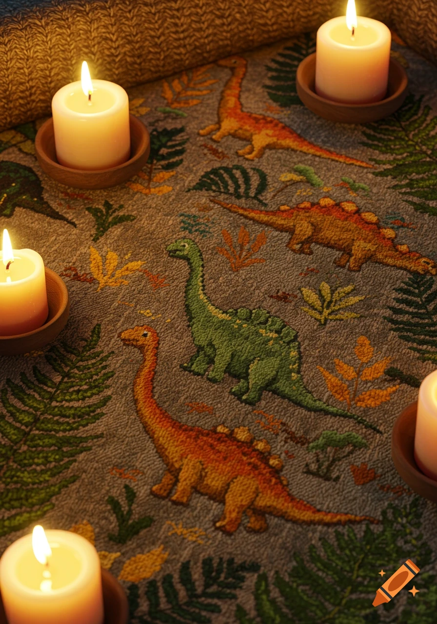 A cozy, candle-lit woven blanket featuring colorful dinosaur and fern patterns in green, brown, orange, and yellow hues.