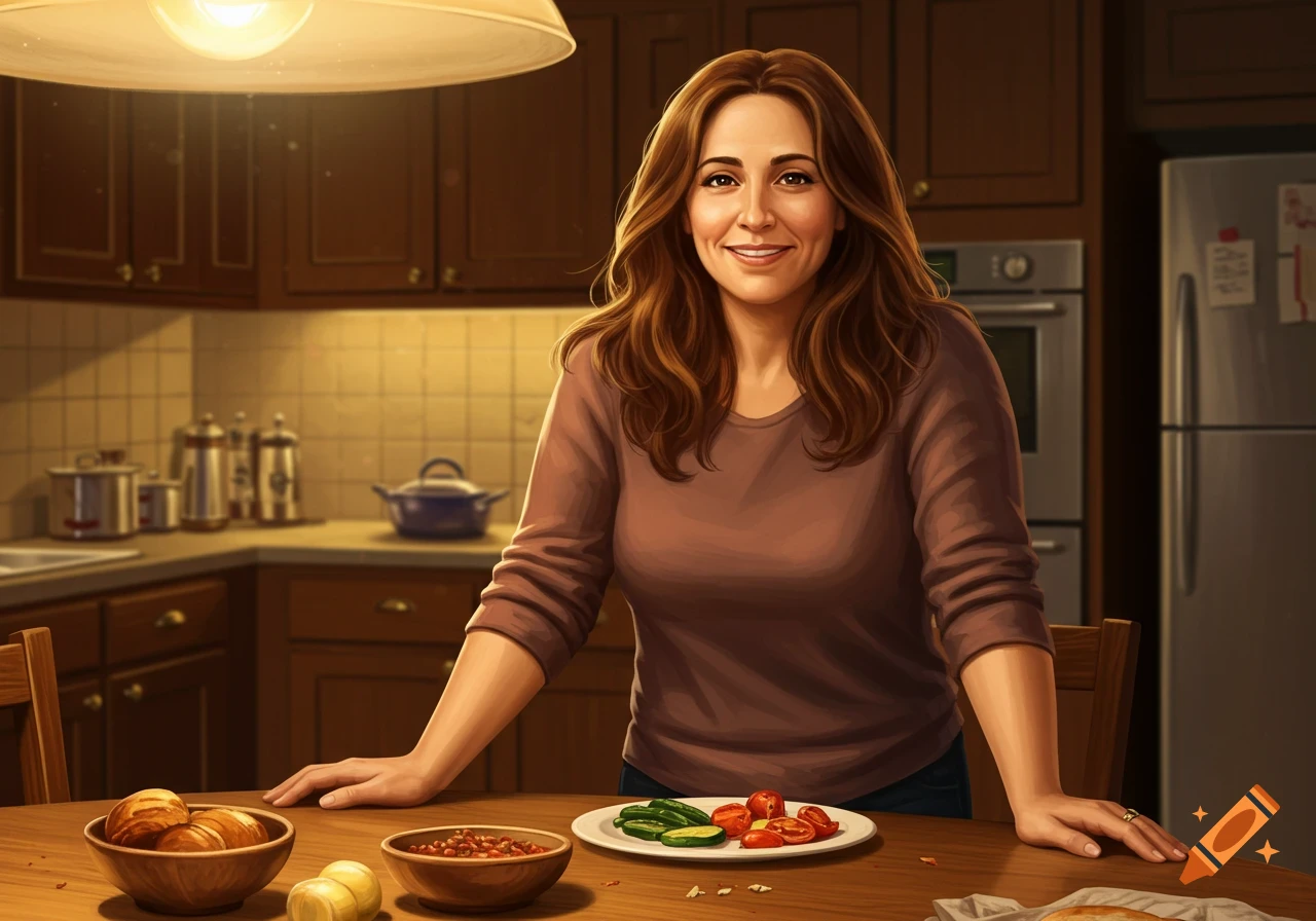 An illustrative portrait of a smiling woman with long brown hair standing at a kitchen table with food.