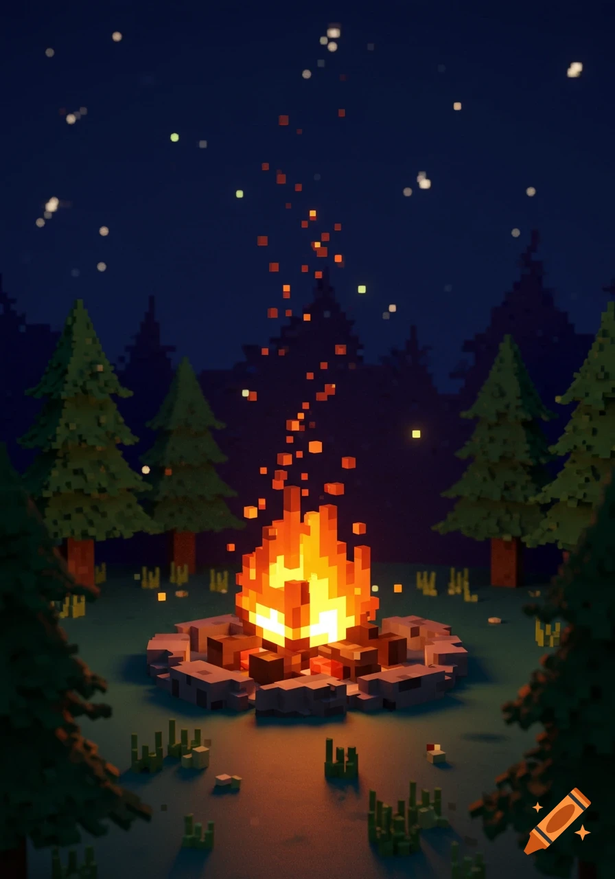 A vibrant pixel art campfire glowing brightly in a dark forest under a starry night sky.