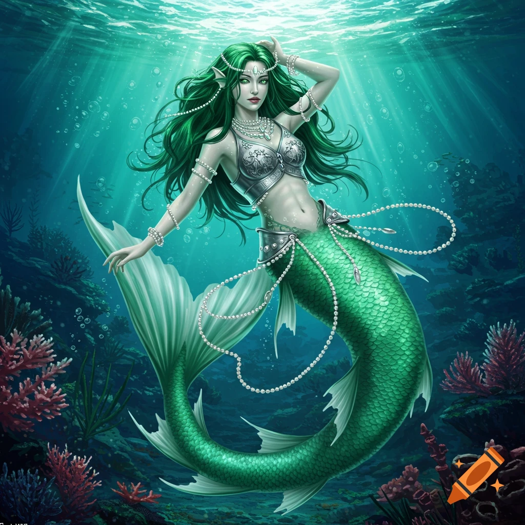 A stunning mermaid with long green hair and tail, wearing pearl jewelry and a silver top, floats underwater with coral and light rays.