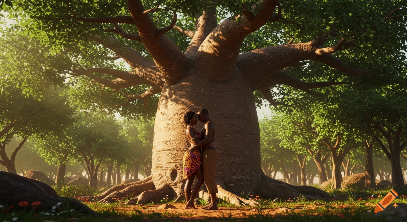 An African man and woman embrace under a massive baobab tree in a sun-dappled forest, woman wearing a colorful patterned wrap.