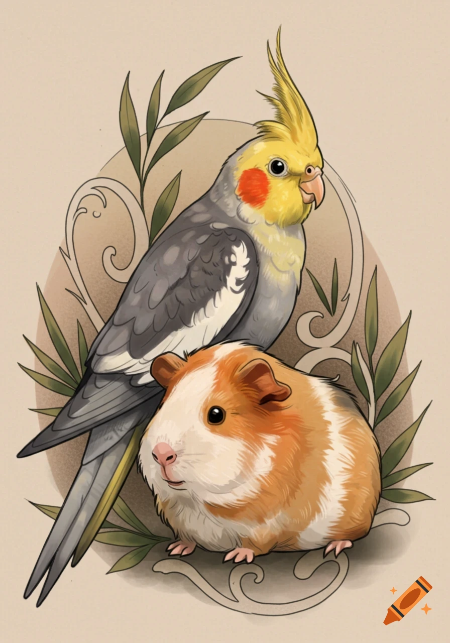 An illustration of a cockatiel perched above a guinea pig, surrounded by leaves, in a tattoo-style art.