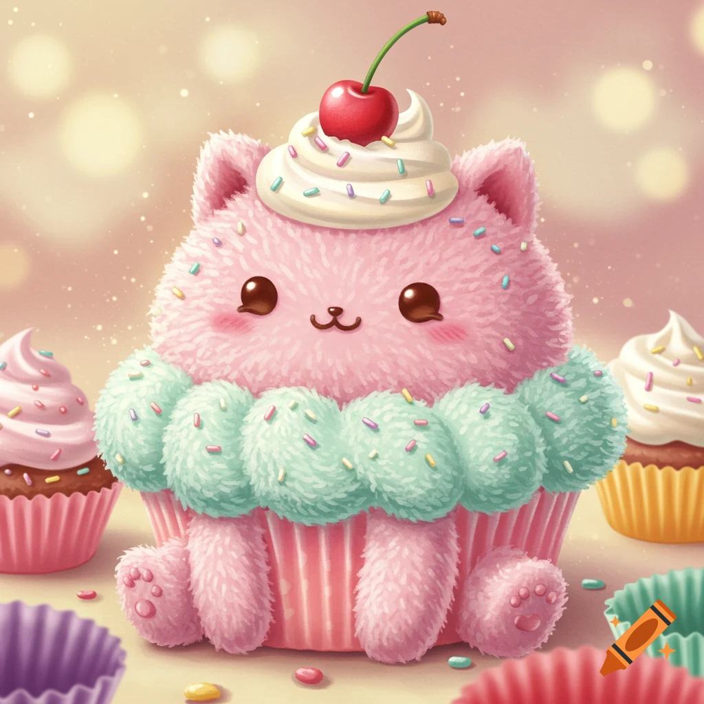 A cute, fluffy pink cat-like creature in a cupcake wrapper, topped with whipped cream and a cherry, with other cupcakes in the background.