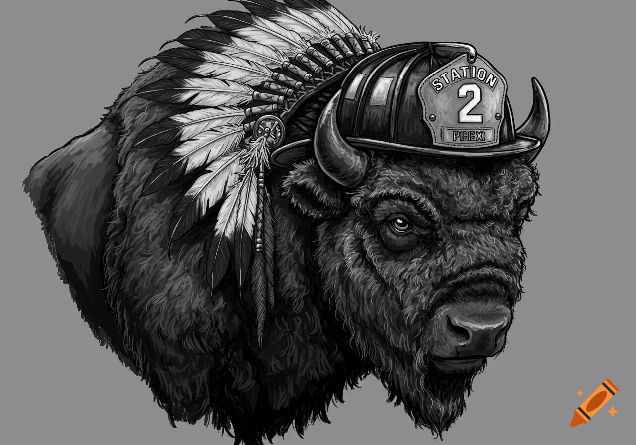 Black and white illustration of a bison head wearing a firefighter helmet with 'STATION 2' and a Native American headdress.