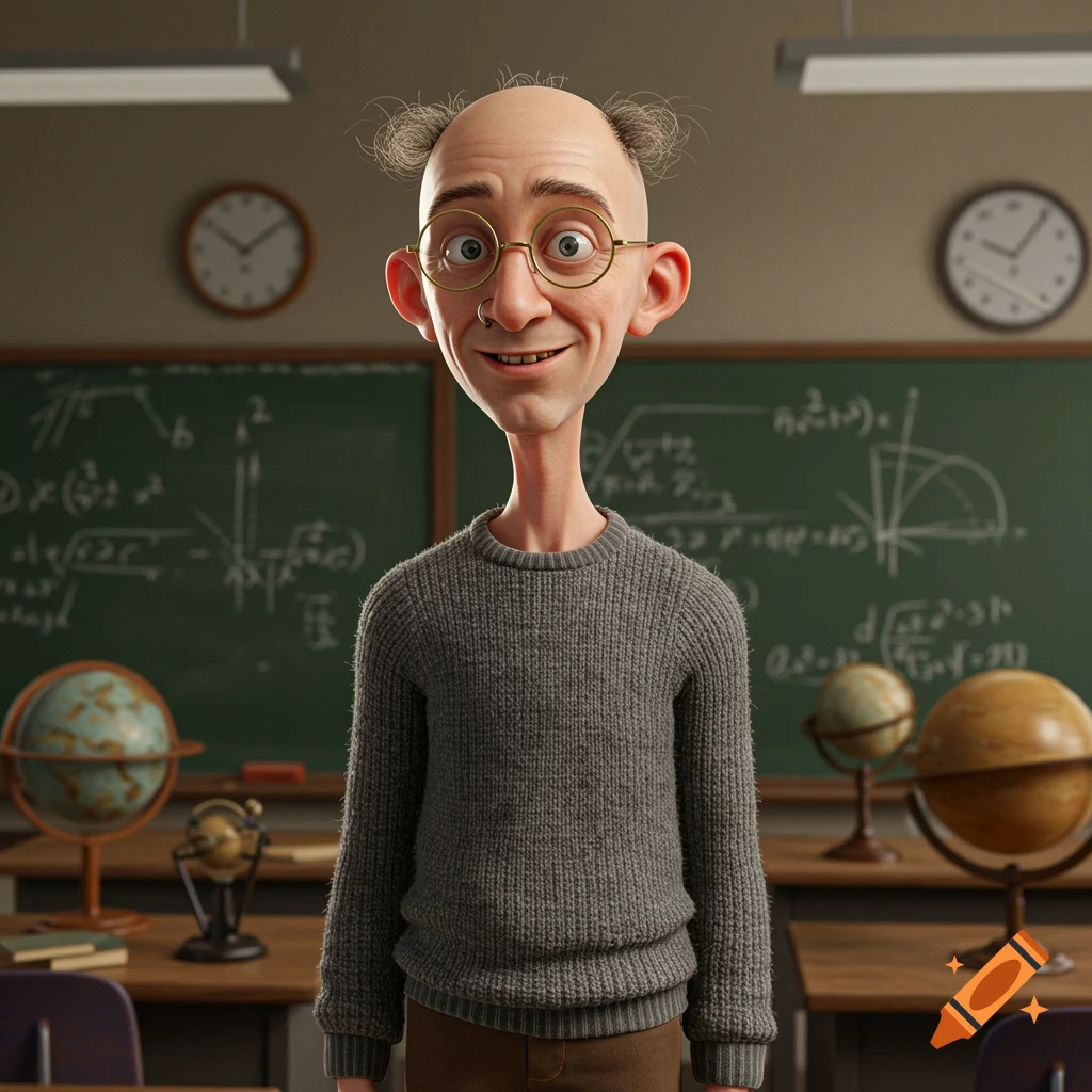 A stylized cartoon science teacher with a long neck, small glasses, and sparse hair, stands smiling in a classroom with chalkboards and globes.