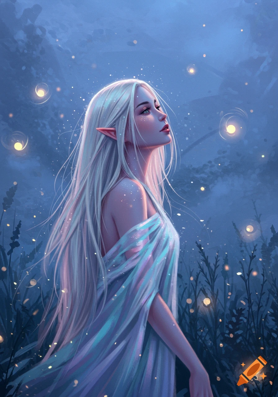 A beautiful ethereal woman with long white hair and pointed ears looks up, surrounded by glowing fireflies in a magical forest at night, digital art.