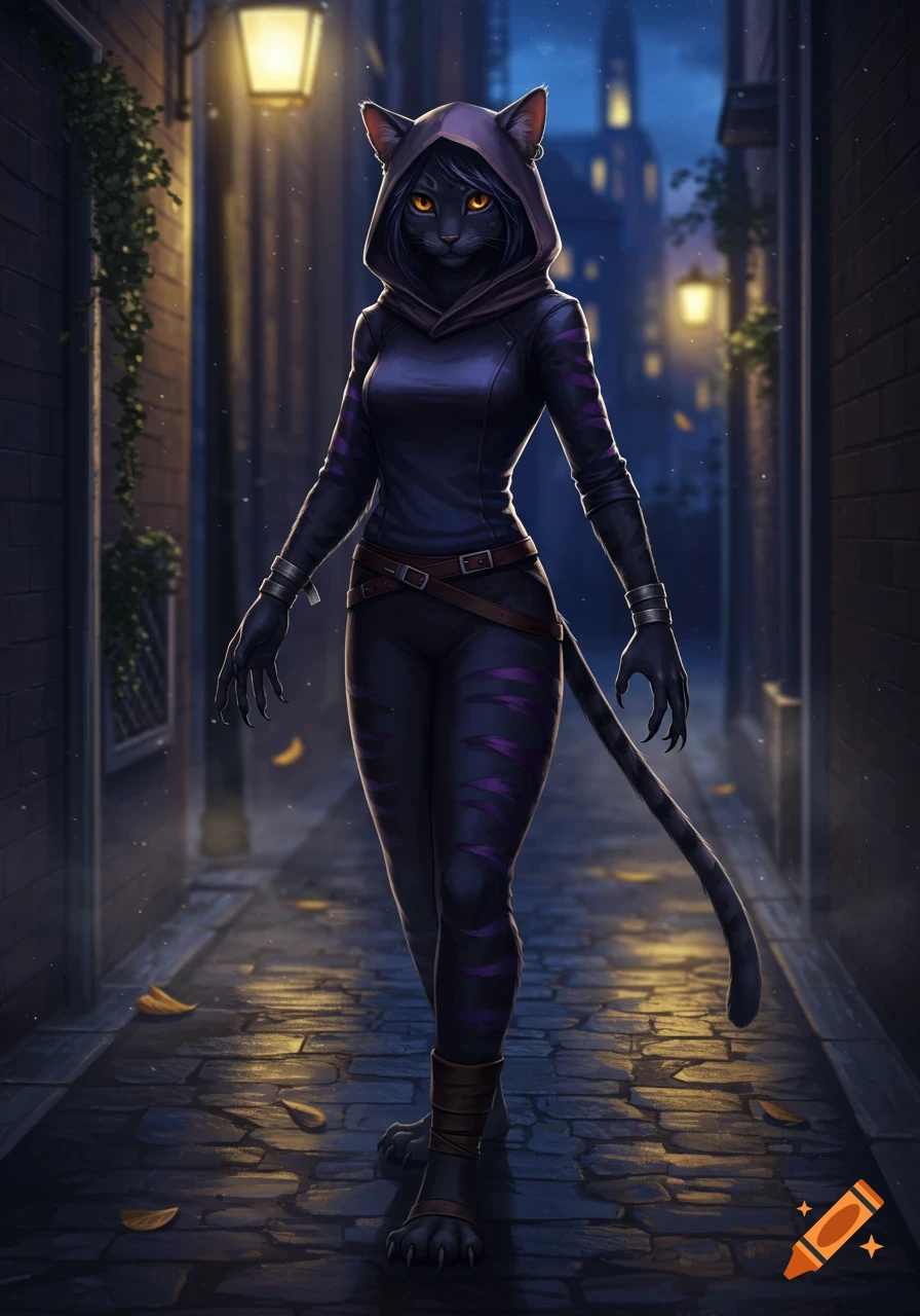 A dark anthropomorphic cat-human in a hooded outfit stands in a dim, rainy alleyway at night.